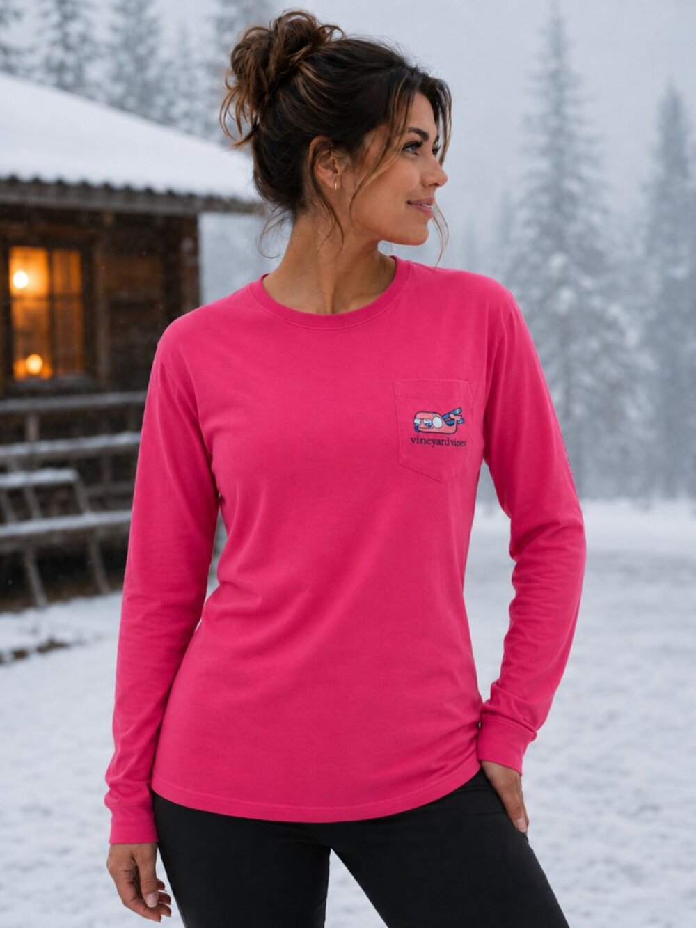 Vineyard Vines Long Sleeve Snow Bunny Whale Pocket Tee Pink Shirt Women's Small - Picture 4 of 14